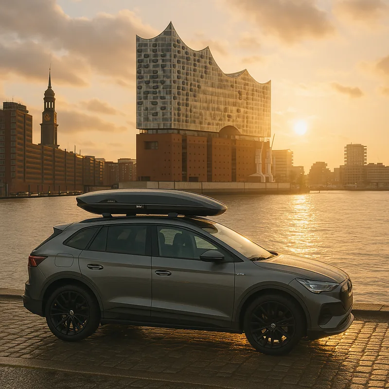 Auto mit montierter Thule-Dachbox vor der Elbphilharmonie in Hamburg
